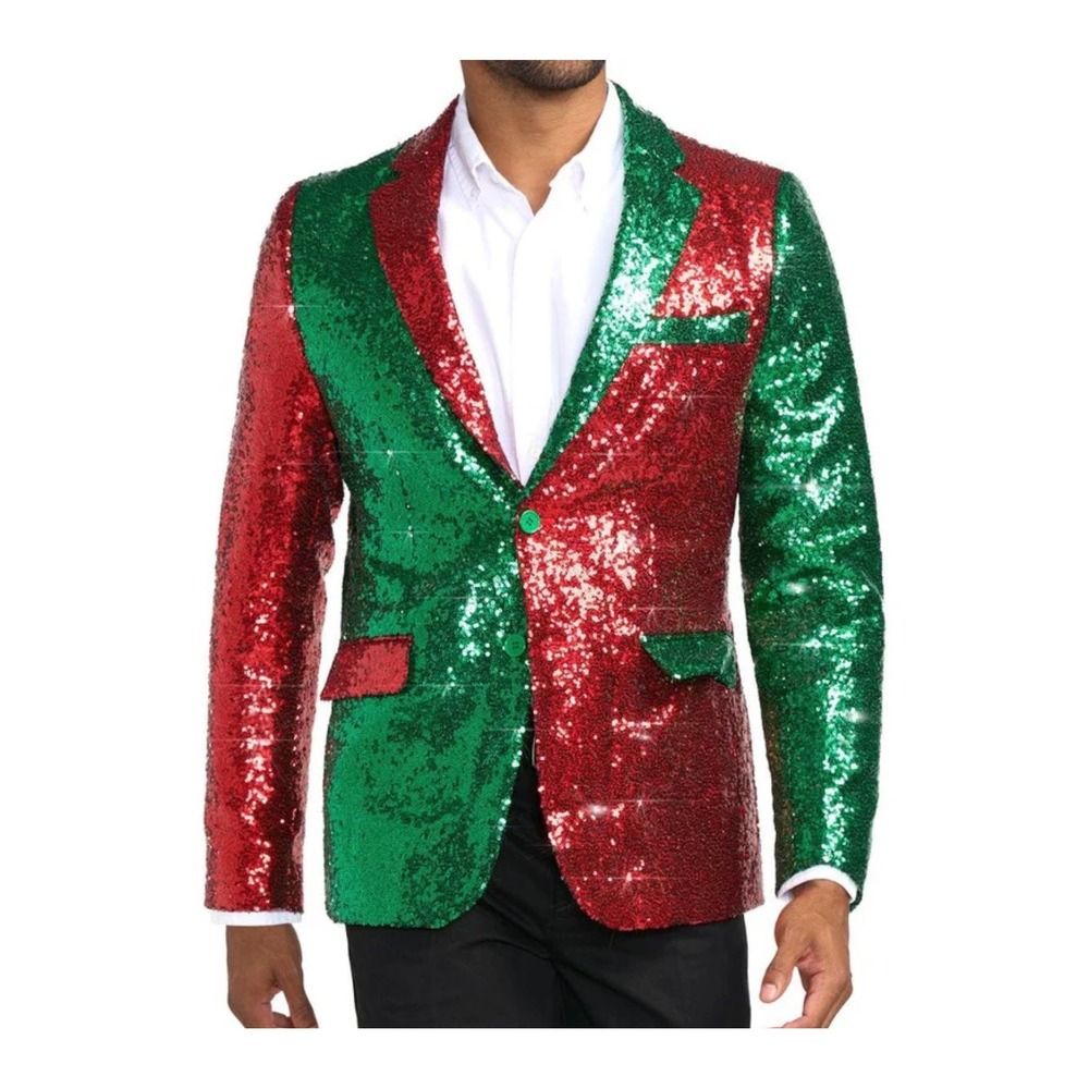 Mens Red Green Sequin Holiday Blazer Christmas Party Sport Coat Two Tone Jacket